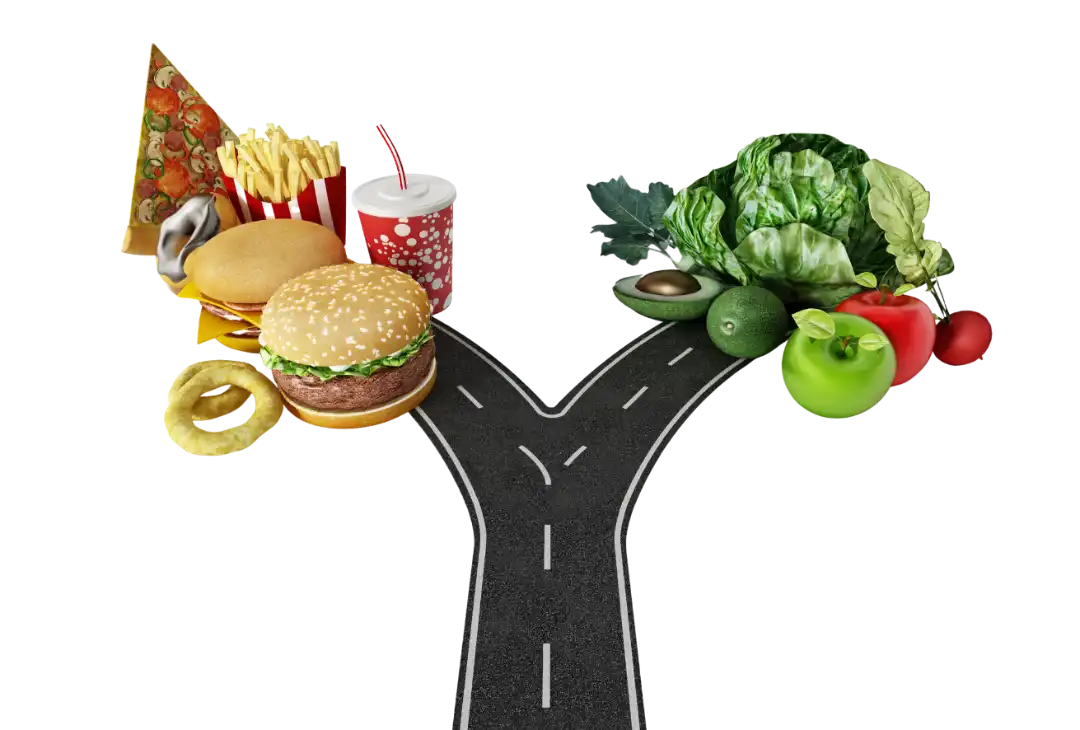 Prehransko-svetovanje-DC-trenerstvo-prehranske-navade 01 Razpotje med zdravo prehrano in nezdravo hitro hrano. Dilema, ki jo pomaga razrešiti dober prehranski svetovalec oz. prehranski coach.